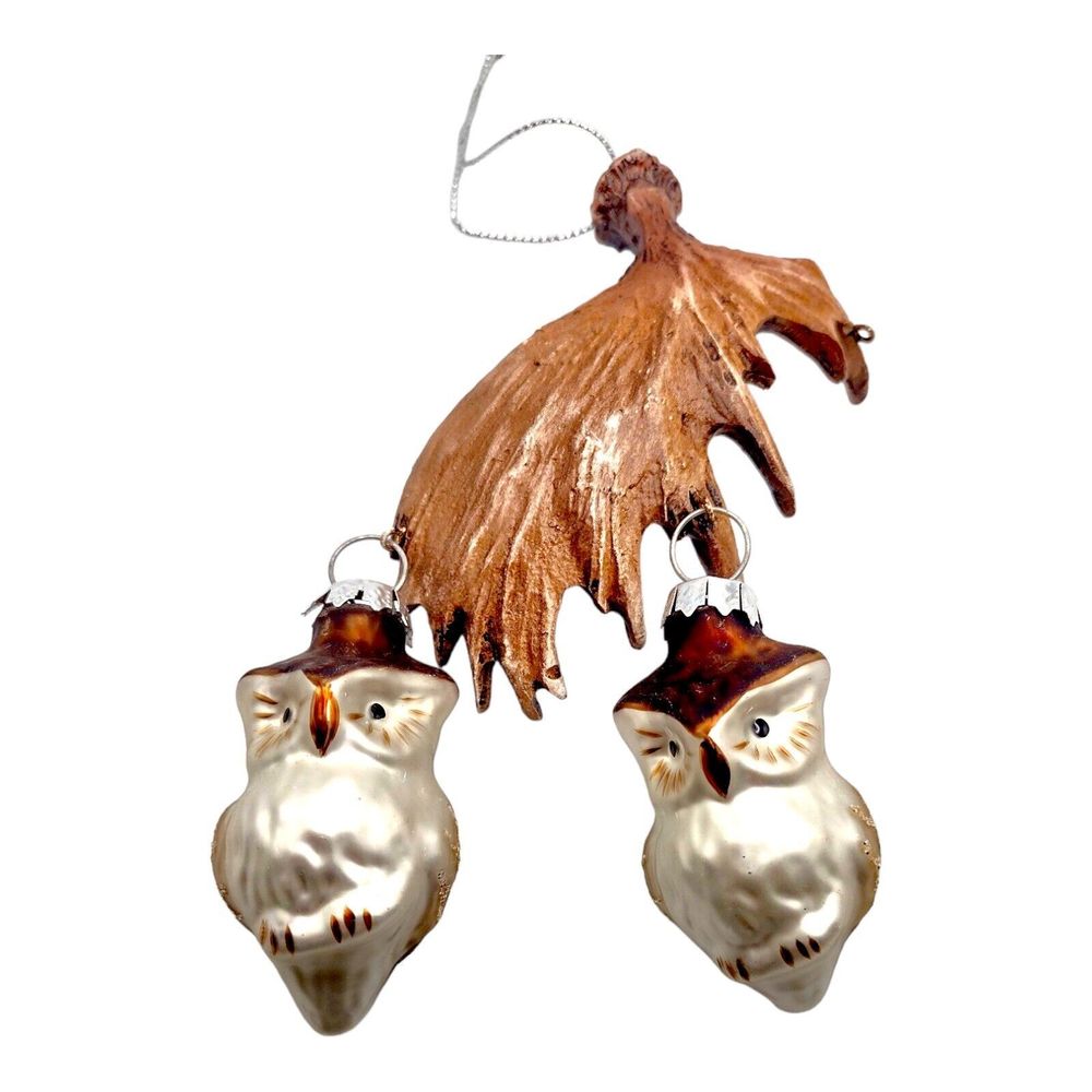 Vintage Moose Antler w Owls Hand Blown Glass Large Christmas Ornament 7" Unique